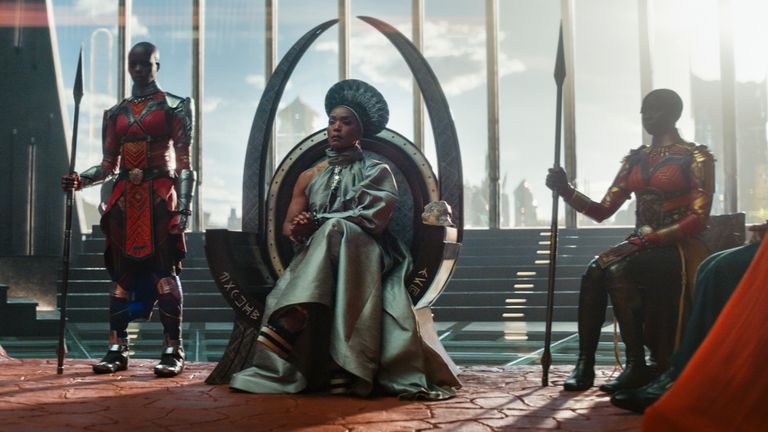 (L-R): Florence Kasumba as Ayo, Angela Bassett as Ramonda, Danai Gurira as Okoye in Black Panther: Wakanda Forever. Pic: Marvel Studios