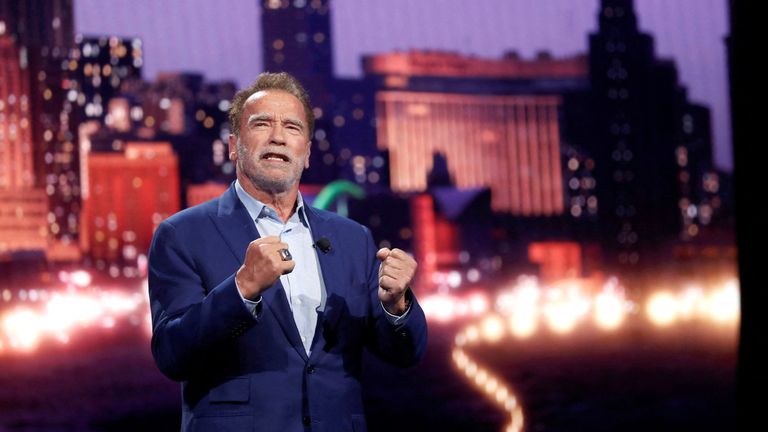 Actor and former California governor Arnold Schwarzenegger speaks during a BMW keynote address at the annual consumer electronics trade show CES 2023 in Las Vegas, Nevada, U.S., January 4, 2023.REUTERS/Steve Marcus