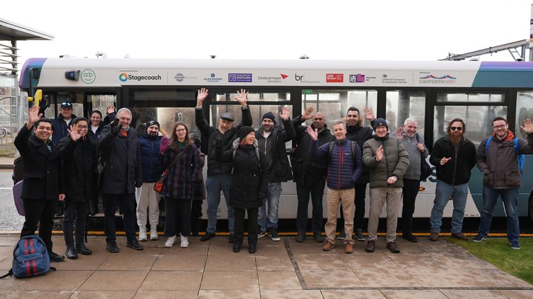 A handout photo dated 19/01/23 released by Stagecoach shows a passenger crossing the Forth Road bridge near Edinburgh in the operator's self-driving single-decker bus. The buses are fitted with sensors that allow them to travel on pre-selected roads without driver control. Release date: Friday, January 20, 2023.