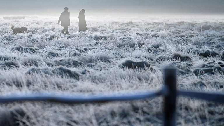 People walk with a dog over frozen grassland as the cold weather continues, in Bushy Park, London, Britain, January 19, 2023. REUTERS/Toby Melville TPX IMAGES OF THE DAY
