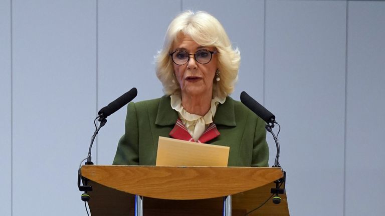 The Queen Consort, Chancellor of the University of Aberdeen, makes a speech during her visit to the university&#39;s new Science Teaching Hub to view demonstrations in the University&#39;s labs and meet staff and students. 