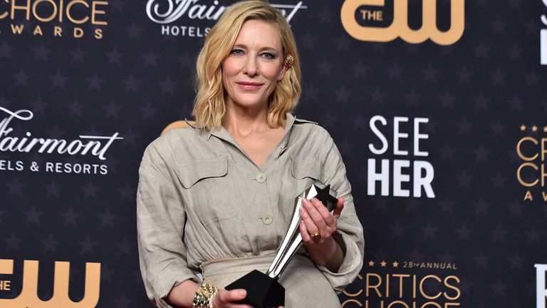 Cate Blanchett poses in the press room with the award for best actress for the film "Pitches" at the 28th Annual Critics Choice Awards at the Fairmont Century Plaza Hotel on Sunday, January 15, 2023, in Los Angeles.  (Photo by Jordan Strauss/Invision/AP)