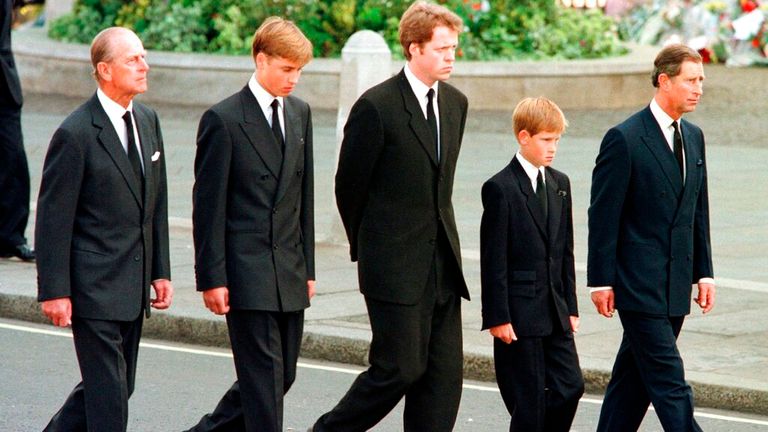 From left: Prince Philip, Prince William, Earl Spencer, Prince Harry and Prince Charles walk outside Westminster Abbey during the funeral procession for Princess Diana. Pic: AP