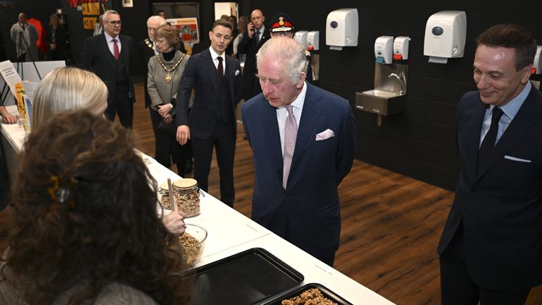 Charles was shown freshly made cereals including Coco Pops and Corn Flakes. Pic: PA