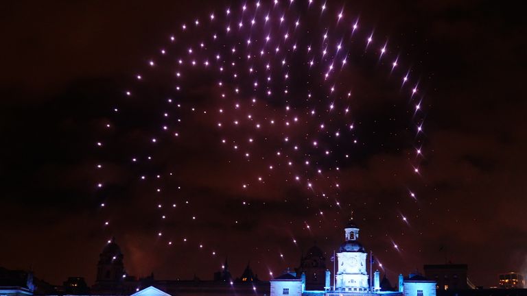 Drones forming the shape of King Charles light up the sky over Horse Guards Parade in London