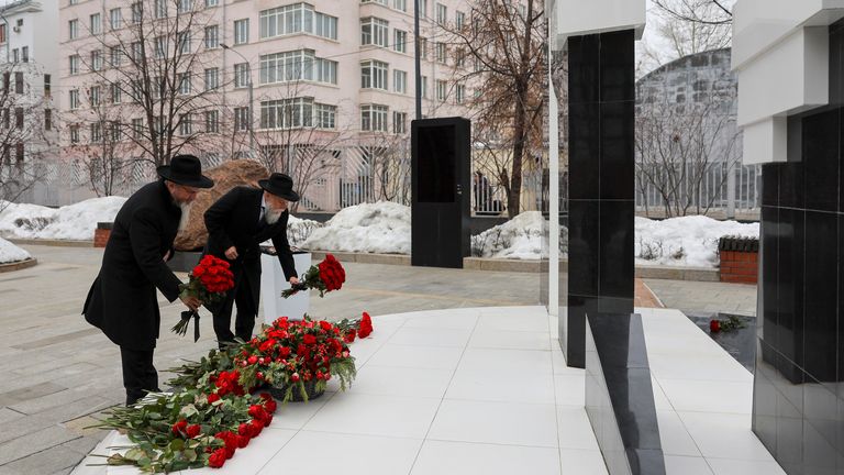 Chief Rabbi of Russia Berel Lazar and head of the Federation of Jewish Communities of Russia Alexander Boroda lay flowers at the monument to resistance heroes at Nazi concentration camps and ghettoes during a ceremony marking International Holocaust Remembrance Day at the Jewish Museum and Tolerance Centre in Moscow, Russia, January 27, 2023. 