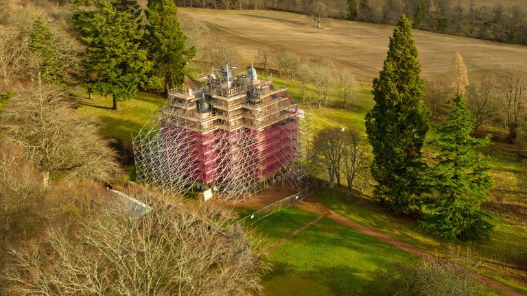 Handout photo dated 26/01/23 released by the National Trust for Scotland (NTS) at Craigievar Castle, near Alford, Aberdeenshire.A sort of "fairy tale" The castle that is said to have inspired Walt Disney's Cinderella's Castle has been wrapped in pink mesh to protect it in a major conservation project.Restoration of Pink Harlem and Craigievar Castle in Aberdeenshire began earlier this year "face to the future" It resists damage from rain and climate change. The completed work will be revealed in 2024.issued