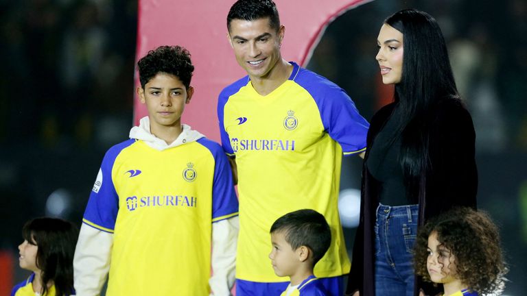 New Al Nassr signing Cristiano Ronaldo with his partner Georgina Rodriguez and kids during his presentation 