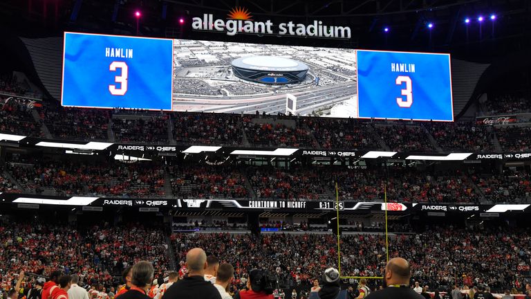 An image is shown overhead paying tribute to Buffalo Bills safety Damar Hamlin before the start of an NFL football game between the Las Vegas Raiders and Kansas City Chiefs Saturday, Jan. 7, 2023, in Las Vegas. (AP Photo/David Becker)
