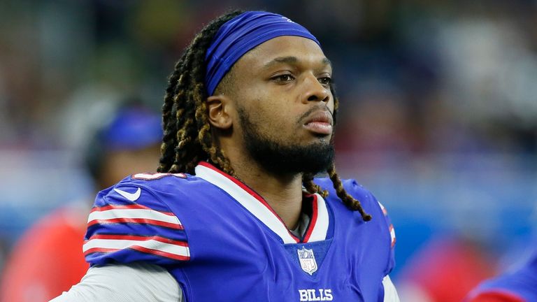 FILE - Buffalo Bills safety Damar Hamlin looks on during the second half of an NFL football game against the Cleveland Browns, Nov. 20, 2022, in Detroit. Hamlin collapsed on the field and appeared to be getting CPR before being driven off the field in an ambulance during an NFL football game against the Cincinnati Bengals, Monday, Jan. 2, 2023. (AP Photo/Duane Burleson, File)