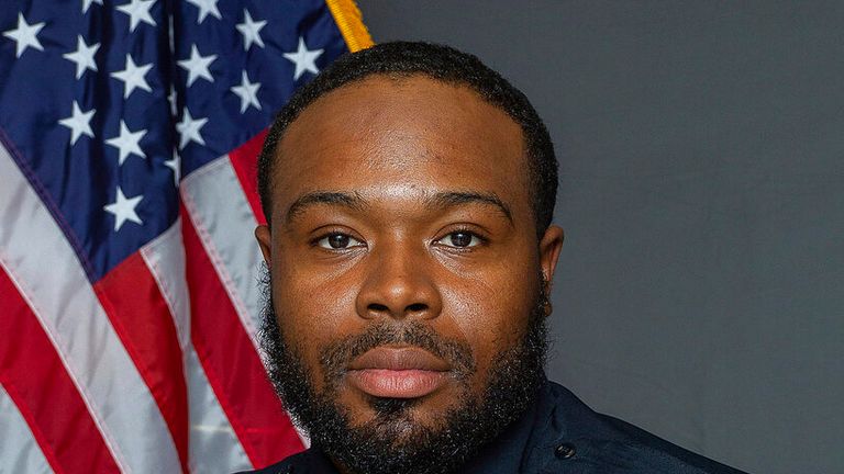 This image provided by the Memphis Police Department shows Officer Demetrius Haley. The city of Memphis was on edge over the possible release of video footage of the violent arrest of a black man, leading to three separate law enforcement investigations and the firing of five officers after he died in hospital.  Relatives of Tire Nichols are scheduled to meet with city officials on Monday, Jan. 1.  January 23, 2023 Watch his January 23 video clip.  Seven people were arrested.  (AP Memphis Police Department)