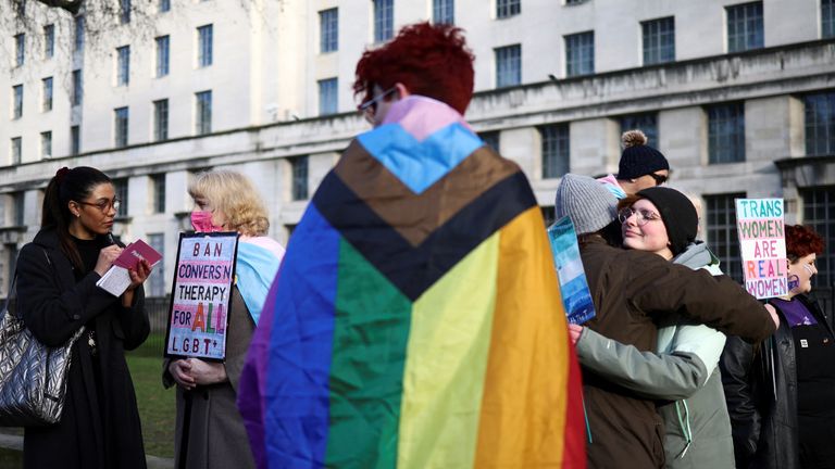 Transgender rights advocates demonstrate in support of Scotland's gender reform bill outside Downing Street  