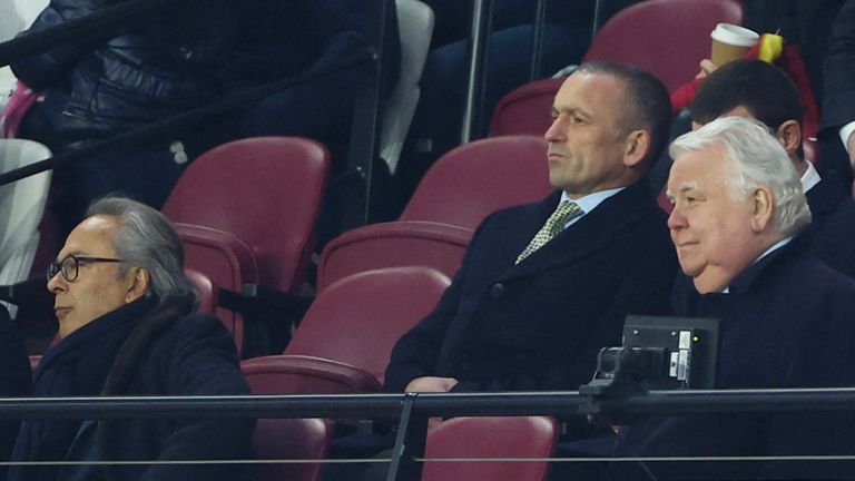 Everton owner Farhad Moshiri (L) and chairman Bill Kenwright in the stands for the match against West Ham