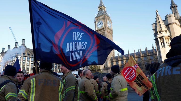 File Photo: Members of the Fire Brigades Union take part in a rally regarding possible future strike action linked to a pay dispute, in London, Britain, December 6, 2022. REUTERS/Peter Nicholls
