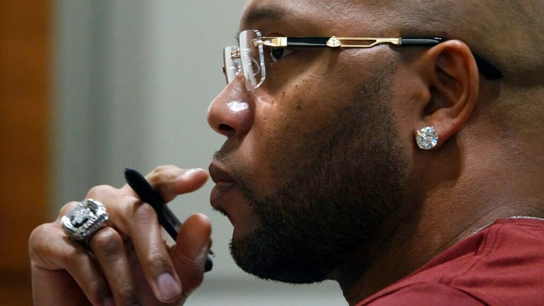 Rapper Tramar Dillard, known as Flo Rida, appears in a Broward County courtroom Tuesday, Jan. 10, 2023,  in Fort Lauderdale, F.a. The rapper is suing energy drink maker Celsius for breach of contract in an endorsement deal. (Joe Cavaretta/South Florida Sun-Sentinel via AP, Pool)