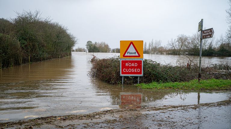 Closed roads following floodwater at Apperley, Gloucestershire, where the River Severn burst it&#39;s banks
