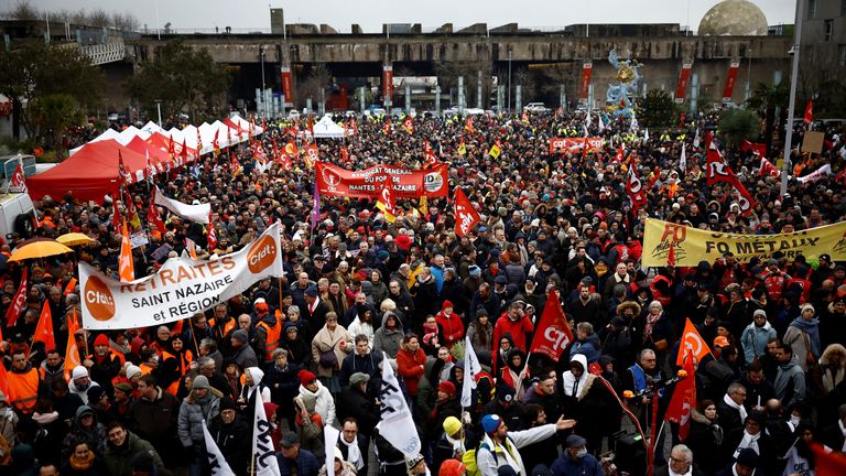 Demonstrators attend a demonstration against the French government's pension reform plan in Saint-Nazaire