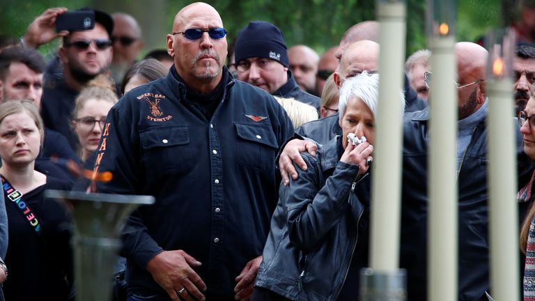 Frank Hanebeth, president of "Angels Demons" chapter "Northern border gate" in Hannover, attending the funeral of a late member of the cycling team in Bonn, Germany, April 26, 2019. REUTERS/Wolfgang Rattay