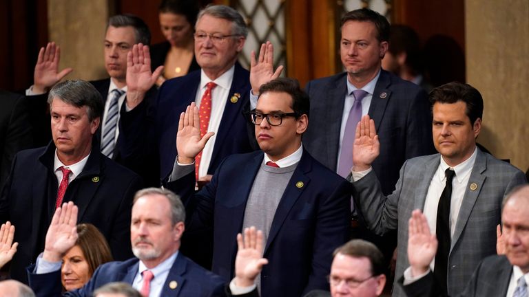 George Santos was sworn in by Speaker of the House Kevin McCarthy.  photo: AP