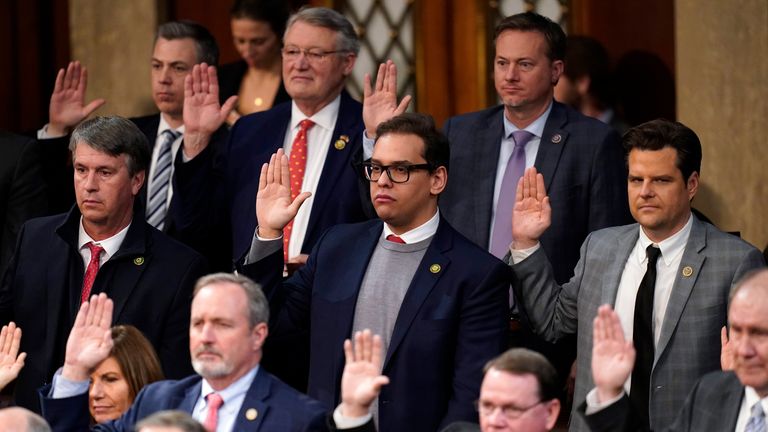 George Santos sworn in by Speaker of the House Kevin McCarthy. Pic: AP