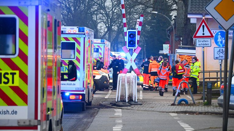 Police and rescue services attend a stabbing at Brokstedt station in northern Germany