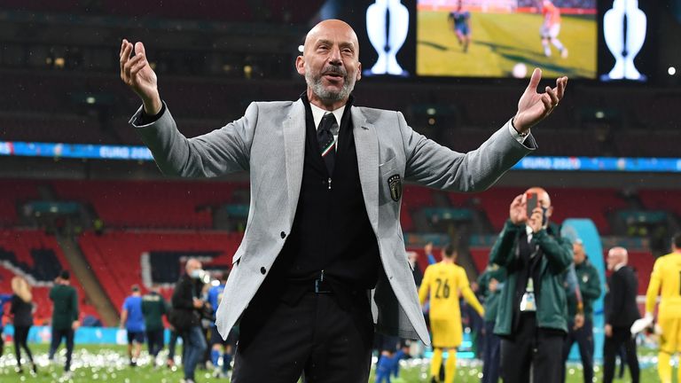Soccer Football - Euro 2020 - Final - Italy v England - Wembley Stadium, London, Britain - July 11, 2021 Italy delegation chief Gianluca Vialli celebrate after winning Euro 2020 Pool via REUTERS/Andy Rain