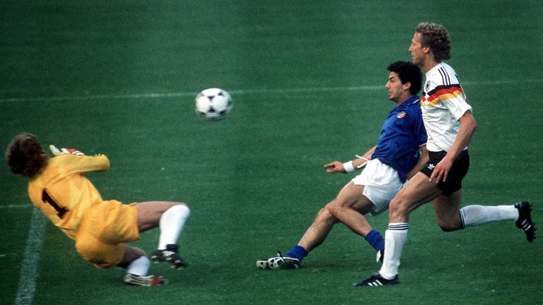Vallee, in blue, playing for Italy against West Germany in 1988.