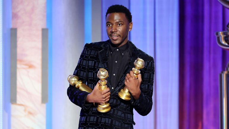 Golden Globes host Jerrod Carmichael on stage at the 2023 awards ceremony. Pic: Rich Polk/NBC via AP