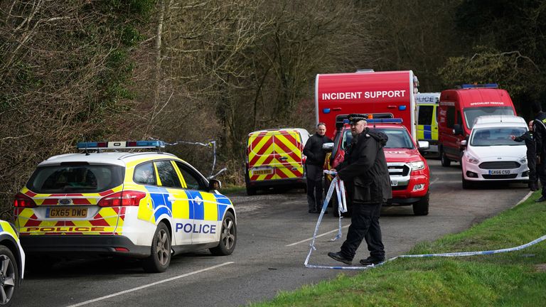 Police at Gravelly Hill in Caterham, Surrey, where a dog attacked members of the public  