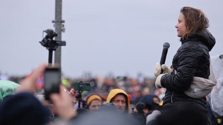 Swedish climate change activist Greta Thunberg addresses a protest against the mine expansion