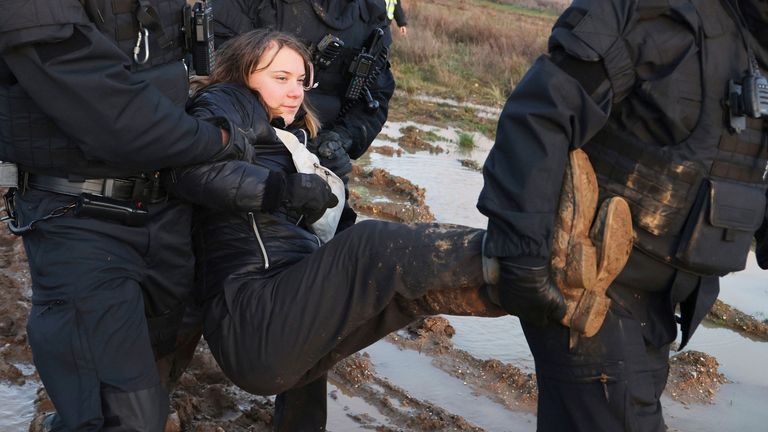 Greta Thunberg detained by police in Germany. Pic: AP