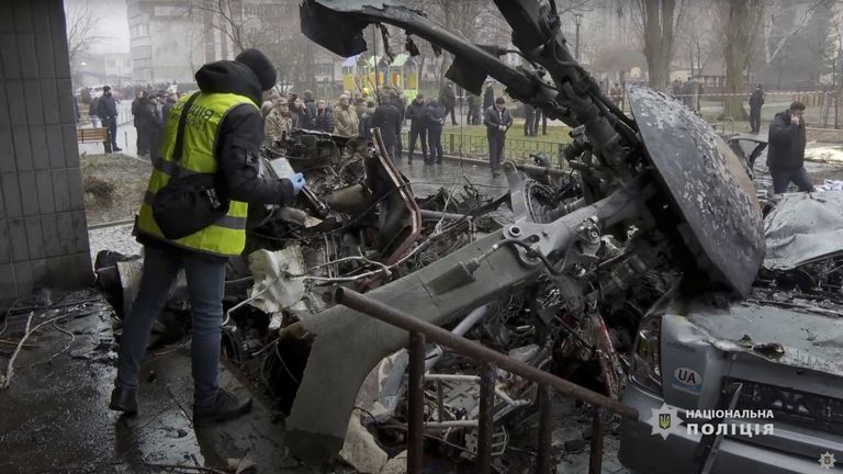 A general view of the site of a helicopter crash, amid Russia&#39;s attack on Ukraine, in this still image obtained from a handout video January 18, 2023, in Brovary, Ukraine. National Police of Ukraine/Handout via REUTERS THIS IMAGE HAS BEEN SUPPLIED BY A THIRD PARTY. MANDATORY CREDIT
