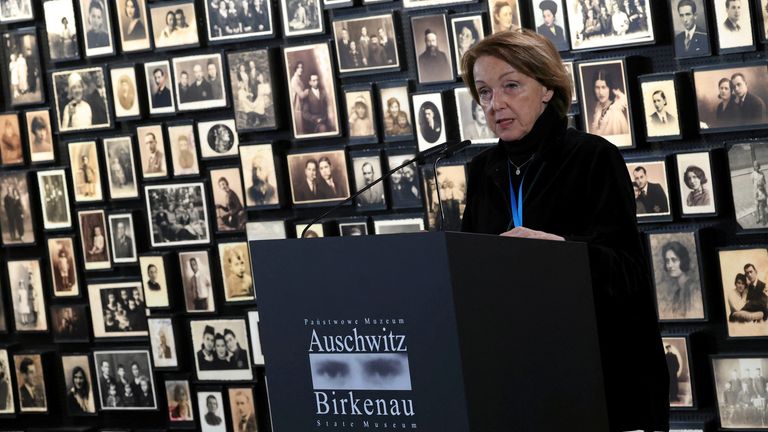 Holocaust survivor Eva Umlauf speaks during a ceremony of the 78th anniversary of liberation of Nazi German Auschwitz-Birkenau death camp in Oswiecim, Poland January 27, 2023. 
Pic: Jakub Porzycki/Agencja Wyborcza.pl via REUTERS 