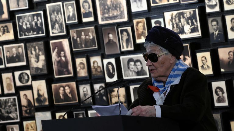 Holocaust survivor Zdzislawa Wlodarczyk takes part in the 78th anniversary of liberation of Nazi German Auschwitz-Birkenau death camp in Oswiecim, Poland January 27, 2023. Pic : Jakub Porzycki/Agencja Wyborcza.pl 