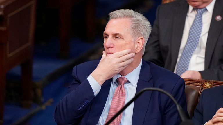 Rep. Sen. Kevin McCarthy, R-Calif., hears a runoff vote on the next speaker of the House as the 118th Congress opens Tuesday, Jan. 22, at the U.S. Capitol.  March 2023, Washington.  (AP Photo/Alex Brandon)