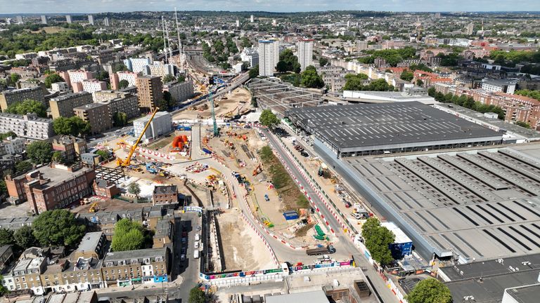 Handout photo dated August 2022 issued by HS2 of a aerial view of the HS2 Euston station construction site in London.