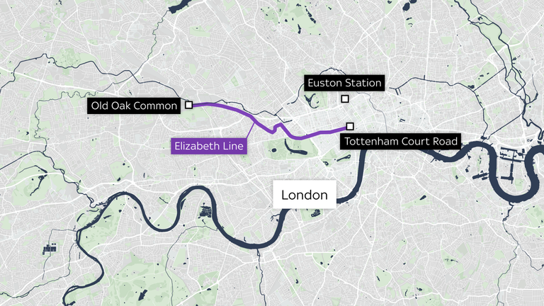 Mapa przedstawia drogę z Old Oak Common do centrum Londynu