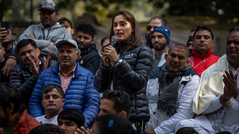 Indian wrestler Vinesh Phogat speaks at a protest against Wrestling Foundation of India President Brij Bhushan Charan Singh and other officials in New Delhi. Pic: AP