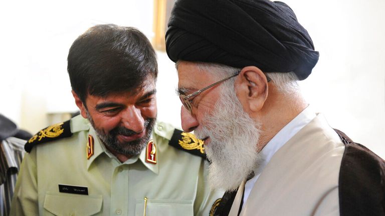 Ayatollah Ali Khamenei (right) has appointed a new hardline police chief (left). Pic: AP