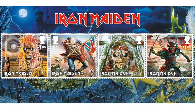 Four new stamps, showing Iron Maiden&#39;s mascot, Eddie, to honour British heavy metal band  
