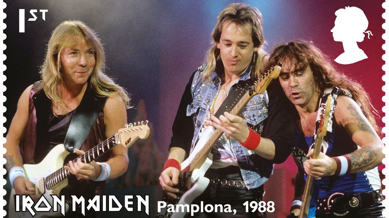 One of twelve new stamps, showing Dave Murray, Adrian Smith and Steve Harris in Pamplona, September 1988, to honour British heavy metal band, Iron Maiden 