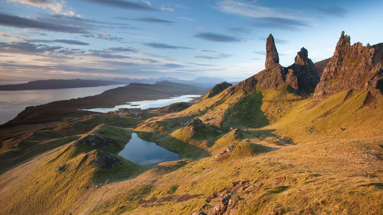 Sunrise over the Old Man of Storr on the Isle of Skye in Scotland.