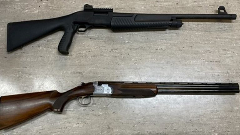 An undated handout shot by Plymouth HM Coroner of the Weatherby pump action pistol (top) used by Jake Davison alongside a standard top-bottom sport-style 12-barreled pistol (below) presented during the inquest into the deaths of five people who were shot dead by Jake Davison.  Release date: Thursday, January 19, 2023.