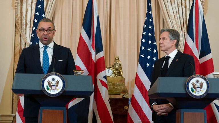 James Cleverly with Antony Blinken during a news conference in Washington on Tuesday. Pic: AP