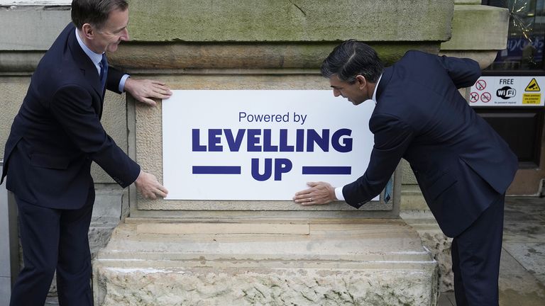 Chancellor Jeremy Hunt (left) and Prime Minister Rishi Sunak during a community project visit to Accrington Market Hall in Lancashire, as a ..2 billion investment in over 100 projects across the UK, through the levelling up fund has been announced. Picture date: Thursday January 19, 2023.