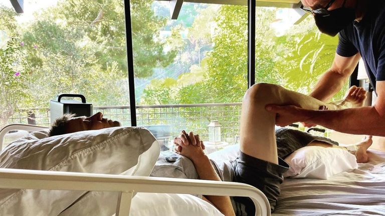 Jeremy Renner posted an image of himself receiving treatment.  Photo: Jeremy Renner/Instagram