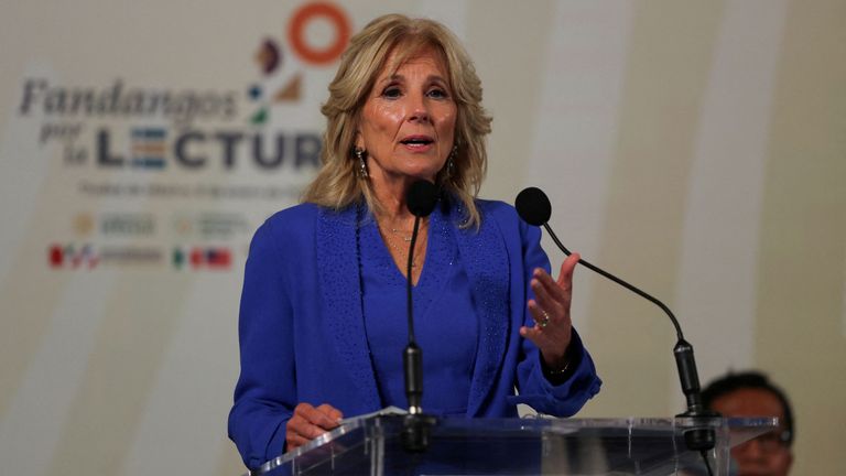 FILE PHOTO: U.S. first lady Jill Biden speaks during the "Fandango por la Lectura" event, at the National Palace in Mexico City, Mexico January 9, 2023. REUTERS/Raquel Cunha/File Photo
