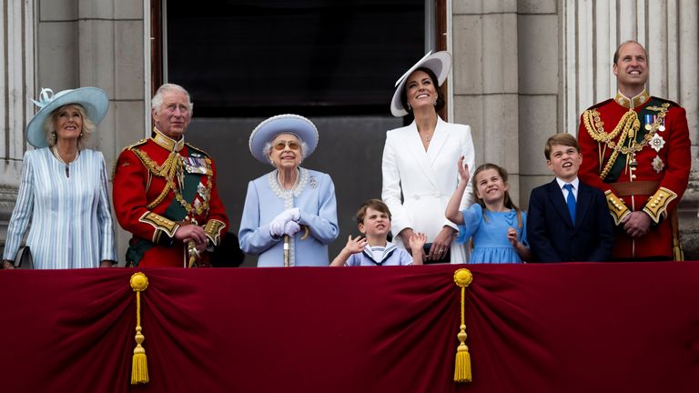 Britain&#39;s Queen Elizabeth along with members of the Royal Family watches the special flypast by Britain&#39;s RAF (Royal Air Force) from Buckingham Palace balcony following the Trooping the Colour parade, as a part of her Platinum Jubilee celebrations