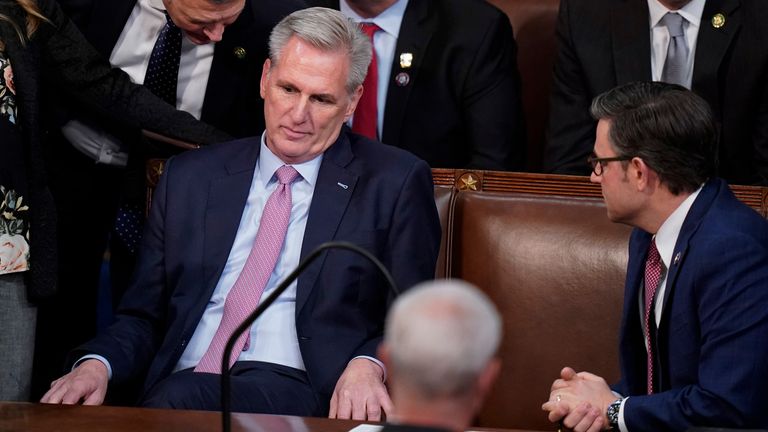 Rep. Kevin McCarthy, R-Calif., reacts after losing the 14th vote in the House, which will meet for a fourth day to elect a speaker and convene for the 118th Congress on Friday, Jan. 1 in Washington. .  January 6, 2023.  (AP Photo/Alex Brandon)