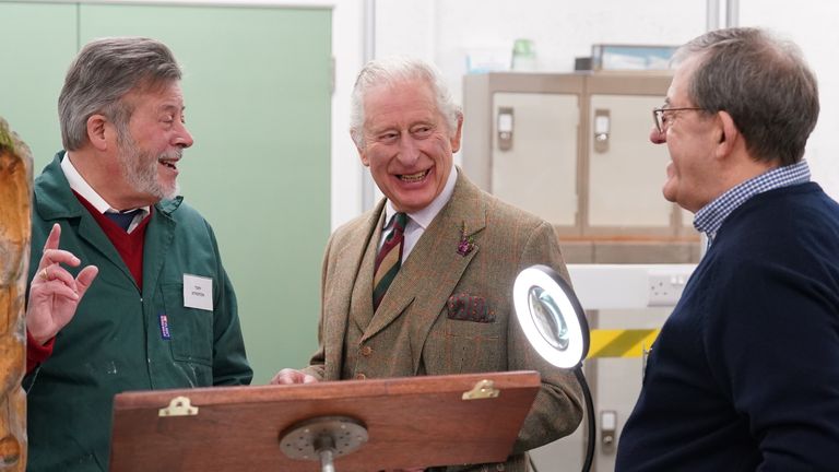 King Charles III during his visit to Aboyne and Mid Deeside Community Shed in Aboyne, Aberdeenshire